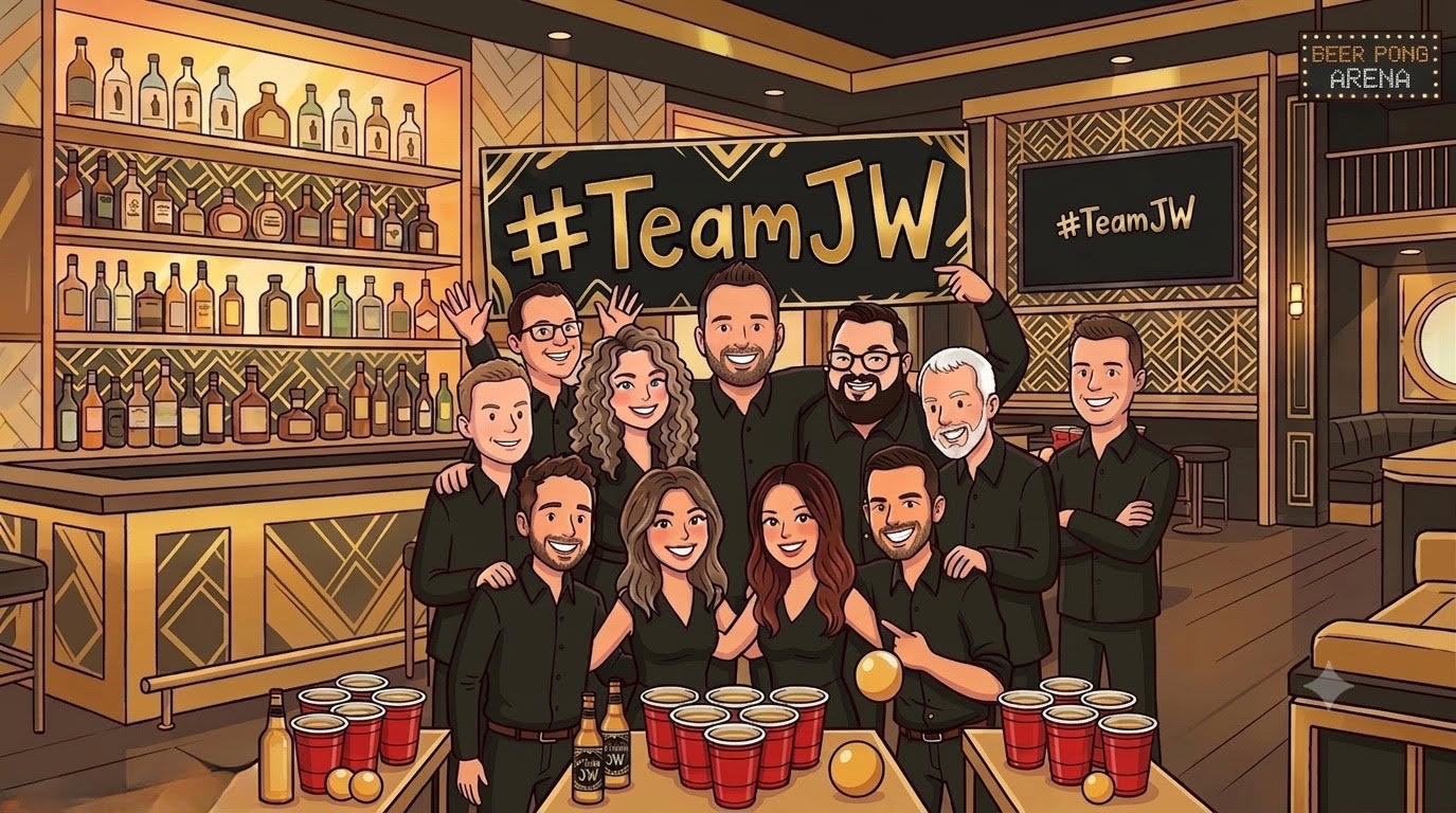 Team JW group photo at the Crux Beer Pong Arena